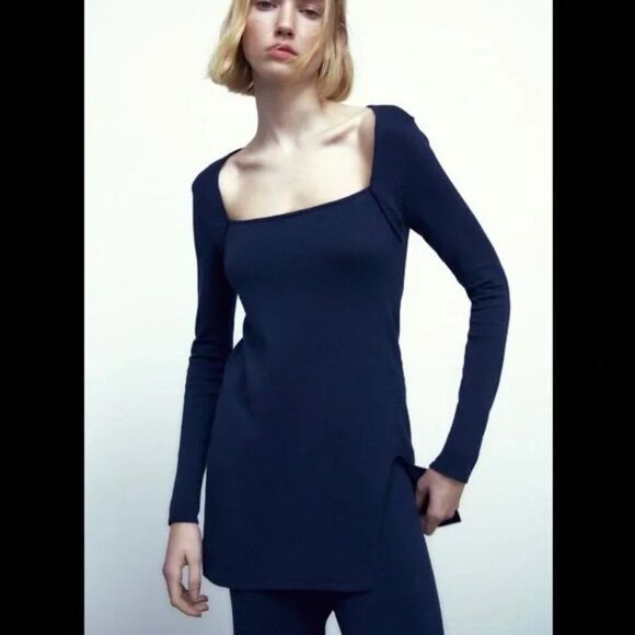 Like NEW ZARA angular square neckline sweater tunic with split detail - Picture 1 of 12